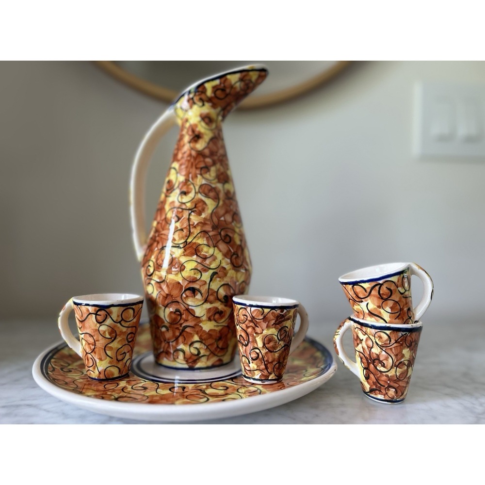 Mexican Pottery Talavera Pitcher 4 Small Cups And Tray Mexican Style